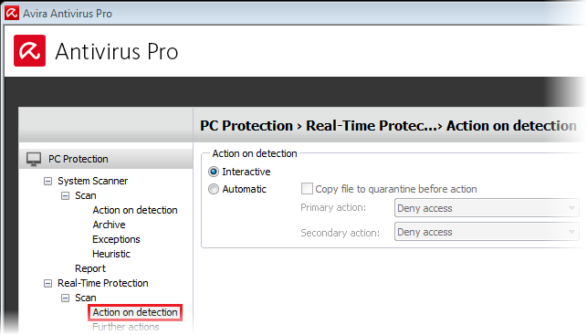Antivirus Pro - Configuration - RT Protection - Action on detection